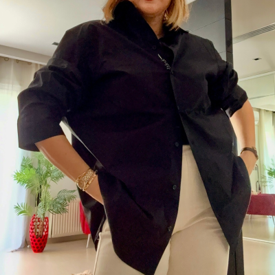 chemise oversize en satin de coton de xs jusqu'a la taille L en tunisie made with love NOIR