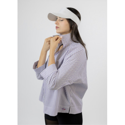 Chemise rayée violet et blanc oversize 17H17 en coton, manches 3/4, col relevé, signature brodée